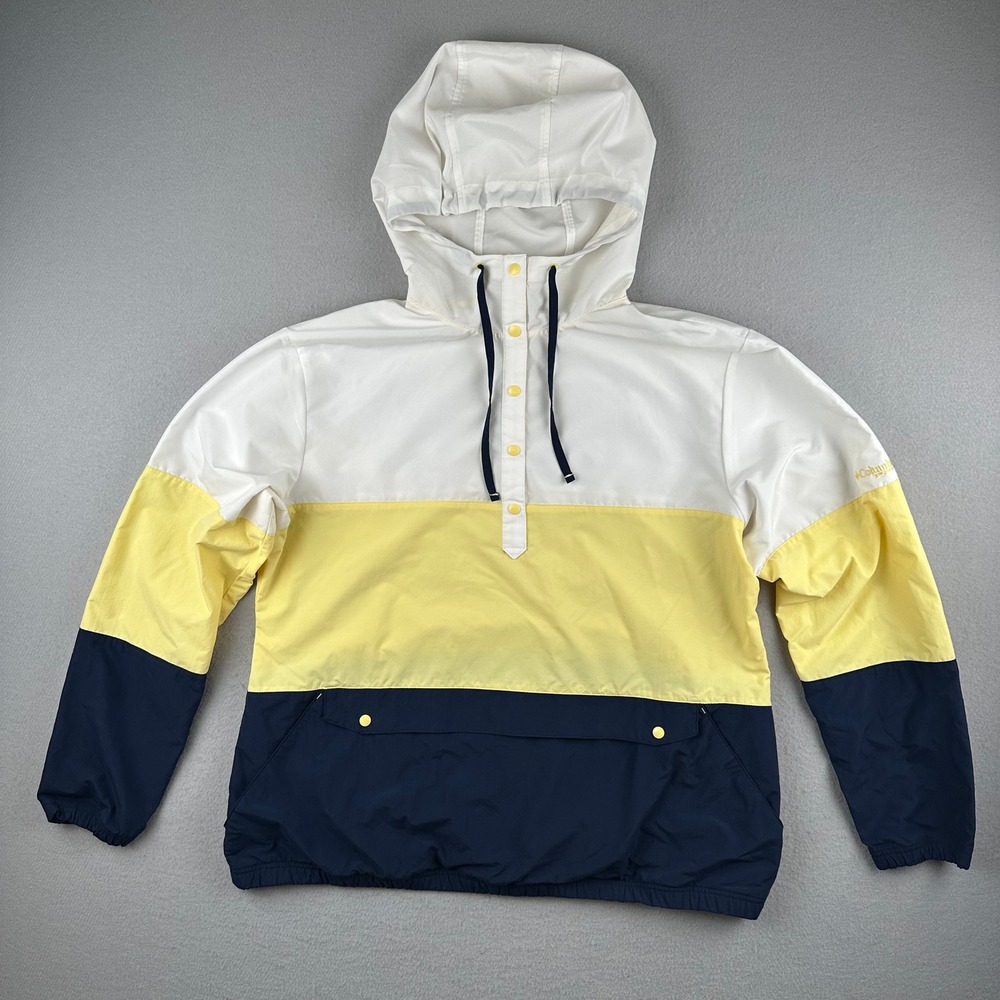 Columbia PFG Windbreaker Womens XL White Yellow Navy Colorblock Anorak Pullover